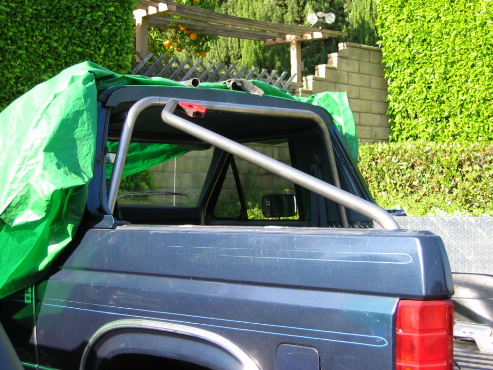 Dark blue truck bed with chrome roll bar and green tarp over cargo, parked by a hedge