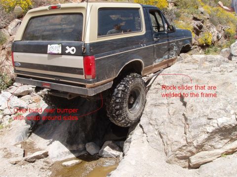 1994 Ford Bronco - This modified 1994 Ford Bronco navigates a challenging rocky terrain, its custom off-road enhancements.