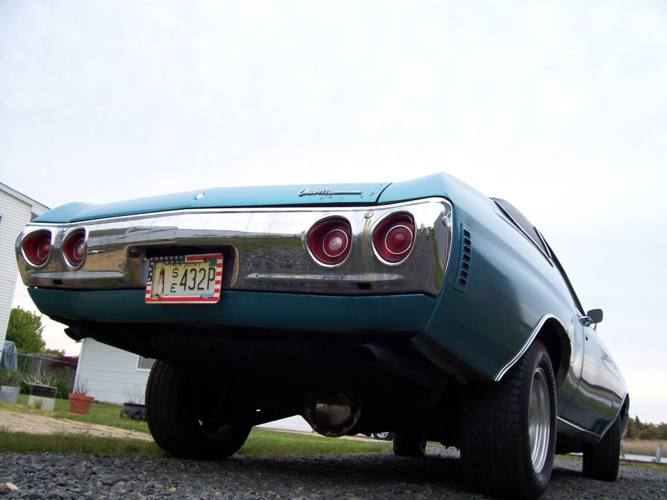 Teal 1971 Chevrolet Chevelle rear view with chrome bumper and dual taillights