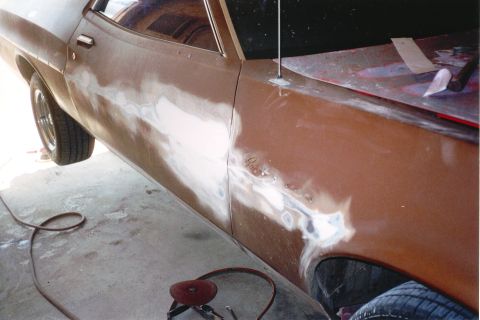 1972 Ford Ranchero - Bodywork is being prepared for paint on a vehicle undergoing restoration.