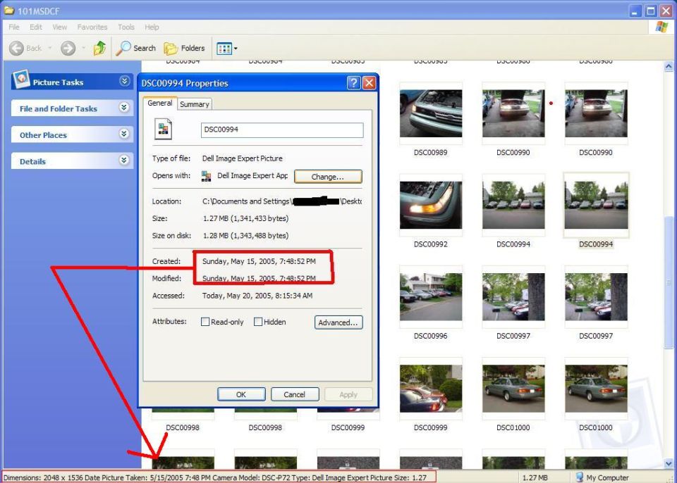 Windows XP dialog box showing image file properties, including creation date of May 15, 2005