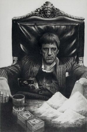 1986 Ford Bronco - This drawing depicts Tony Montana in a powerful pose, surrounded by symbols of his illicit empire.