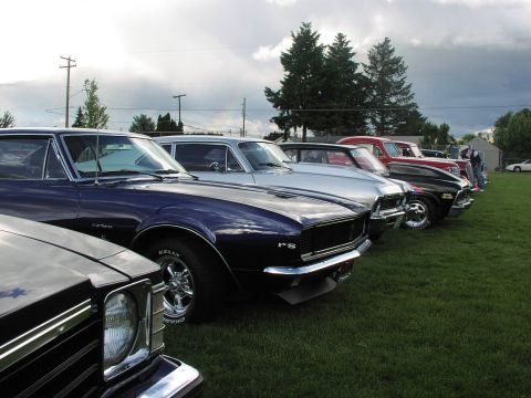 1979 Ford Bronco - A row of vintage automobiles are parked on a lawn, with trees and buildings in the background.