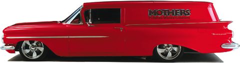 1995 Ford Bronco - A vintage red panel van is shown from the side, custom wheels and a prominent 'MOTHERS' logo.