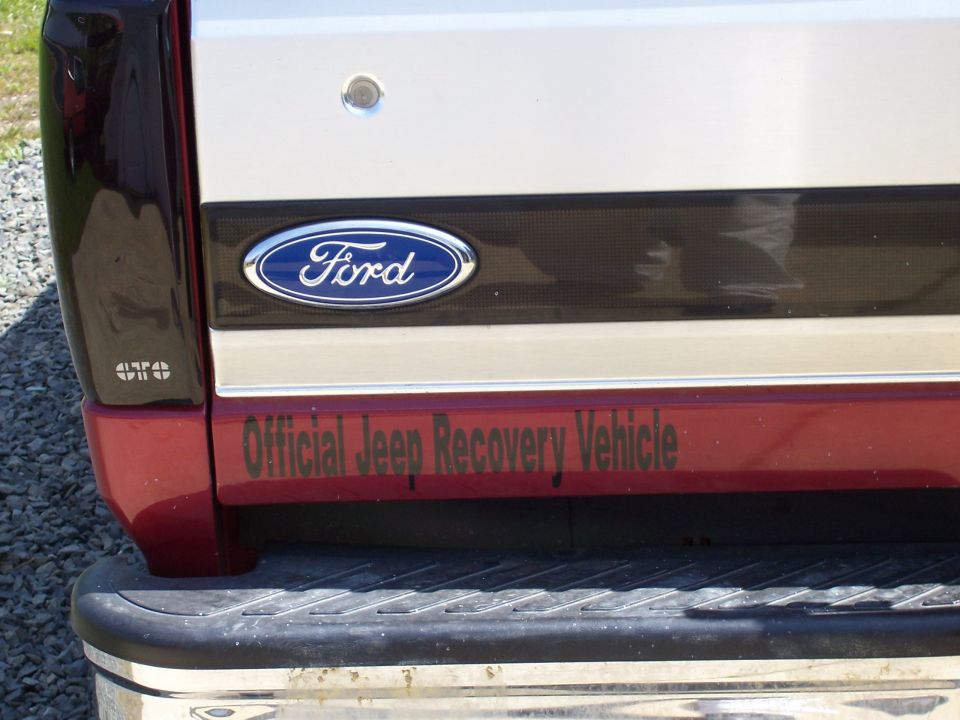 1995 Ford Bronco tailgate, showing Ford oval badge and 'Official Jeep Recovery Vehicle' text