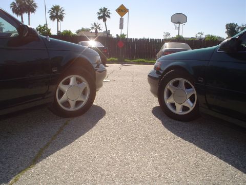 1995 Ford Taurus - Two sedans are parked on a street with palm trees and a basketball hoop in the background.