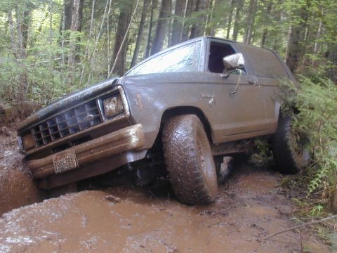 1985 Ford Bronco II - SUV stuck in mud, with trees and foliage in the background.