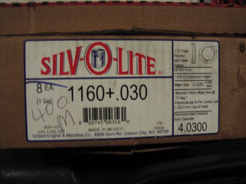 1979 Ford Bronco - Box for Silvo-Lite pistons, part number 1160+.030, manufactured by United Engine & Machine Co.