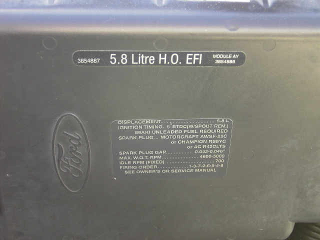 Ford 5.8 Litre H.O. EFI engine cover with factory specification decal and firing order