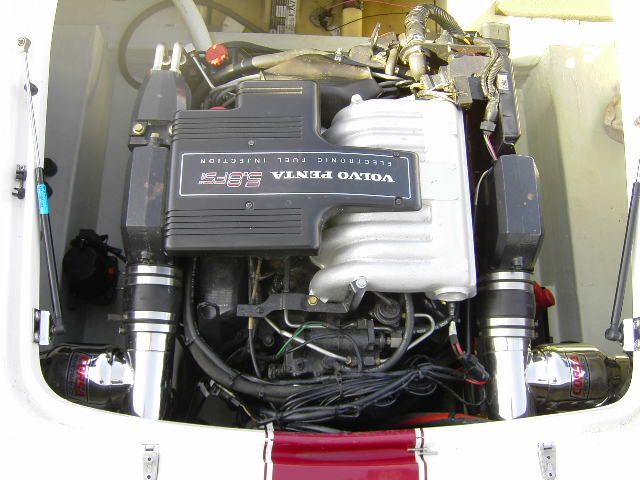 Volvo Penta 5.8 FSi electronic fuel injection marine engine in boat bay