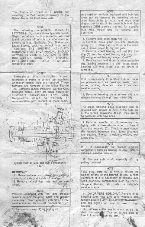 1981 Ford Bronco - Front page of the Dana D44 ball joint installation instructions. Be sure to look at the full size image, the scan is very clear.