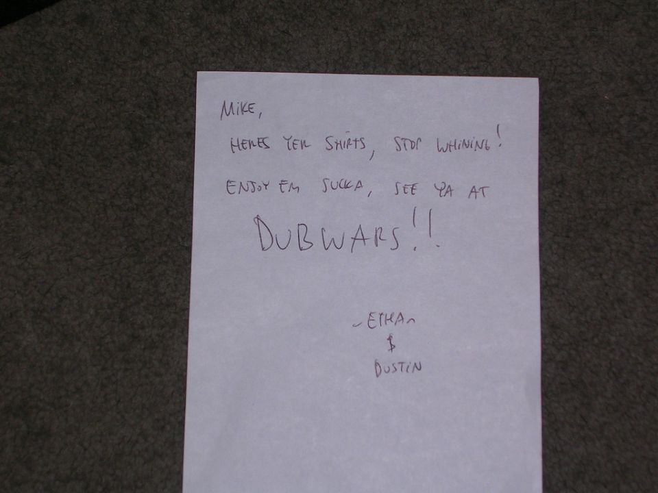 Handwritten note addressed to Mike, mentioning 'Dubwars' and signed by Ethan & Dustin