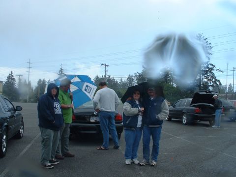 1999 Ford Crown Victoria - A group of people stand under umbrellas in a parking lot with several cars visible, including one with an open trunk.