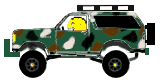 1968 Ford Mustang - A camouflage SUV with a smiley face driver is depicted in a side profile, equipped with a roof rack and spare tire.