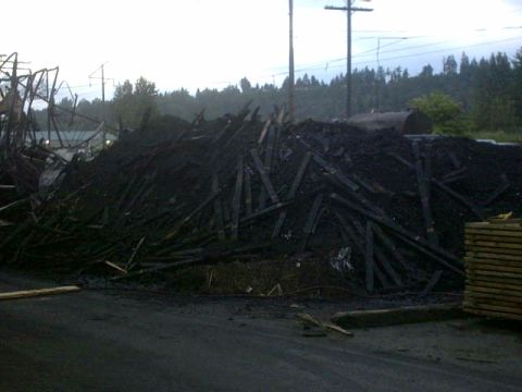 1995 Ford Bronco - A large pile of charred wood and debris dominates the scene, with power lines and trees visible in the distance.