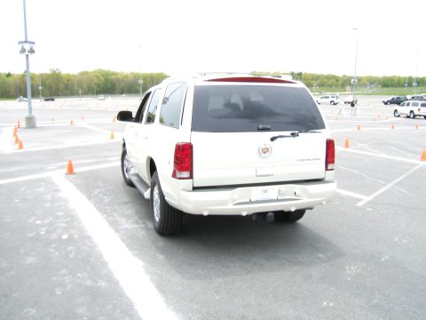1998 Ford Taurus - A white Cadillac Escalade is parked in an open lot marked with white lines and orange cones.