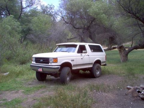 1988 Ford Bronco - A white Ford Bronco is parked off-road in a grassy, wooded area.