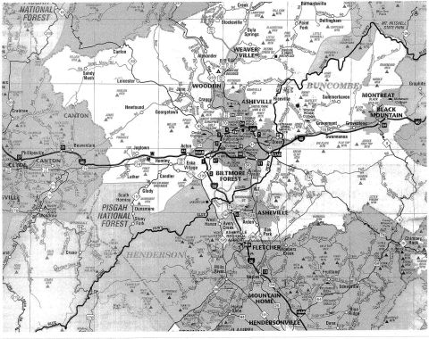 1985 Ford LTD Crown Victoria - Road map of the Asheville region and surrounding national forests, not a vehicle technical document.