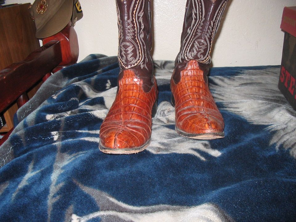 Brown alligator cowboy boots with ornate stitching on dark brown shafts, resting on a blue and white patterned blanket