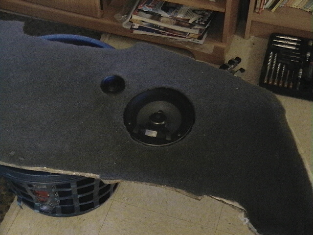 Carpeted panel with a speaker cutout and a separate small black circular object, resting on a black laundry basket