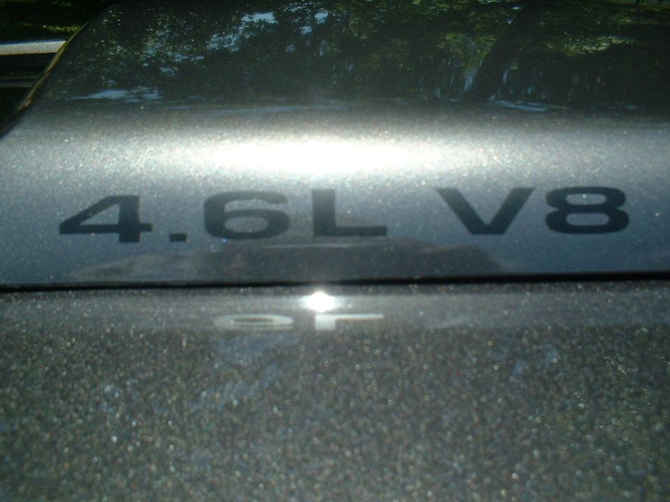 Close-up of a 4.6L V8 engine badge on a car's hood