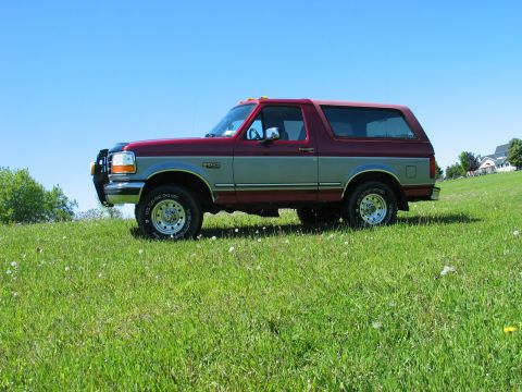 1995 Ford Bronco - A two-tone Ford Bronco sits on a green, dandelion-dotted hill with houses in the background.