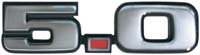1989 Ford Bronco II - A close-up of a chrome '5.0' emblem, likely from a vehicle's exterior.