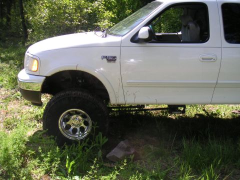 1994 Ford Bronco - A lifted white Ford F-150 pickup truck with chrome wheels is shown from the side in a grassy area.