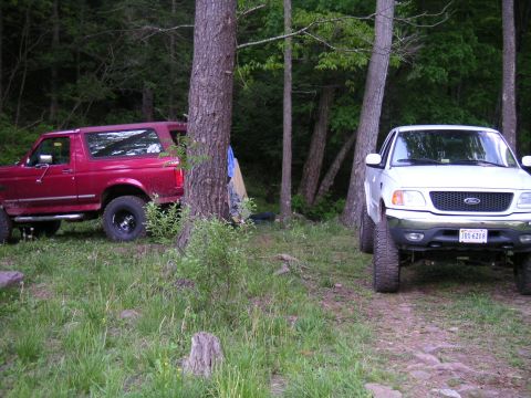 1994 Ford Bronco - Two Ford trucks are parked in a wooded area, with a tent visible behind the Bronco.