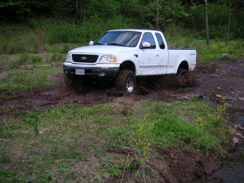 1994 Ford Bronco - White Ford F-150 pickup truck navigates a muddy off-road path.