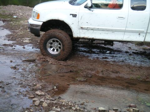 1994 Ford Bronco - This pickup truck is stuck in the mud, with its front tire submerged in water and mud.