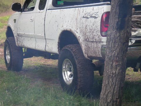 1994 Ford Bronco - Muddy pickup truck with 4x4 badging parked near a tree.