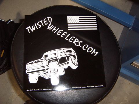 1988 Ford Bronco - This sticker depicts a lifted 1988 Ford Bronco, the website "TWISTEDWHEELERS.COM" and an American flag.