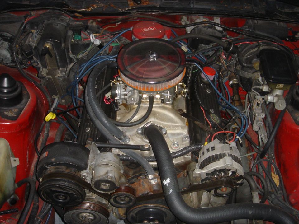 Engine bay view showing a V8 engine with aftermarket air cleaner and carburetor. Alternator and accessory belts are visible