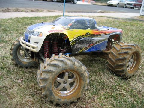 1996 Ford Crown Victoria - This remote control monster truck has a colorful body and large, knobby tires.