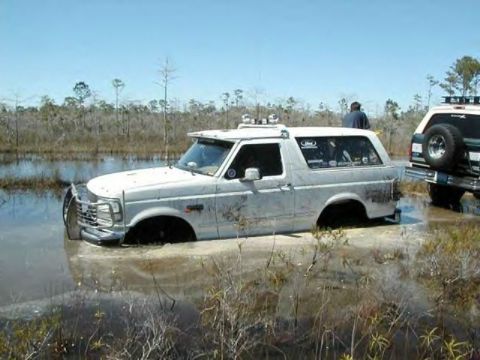 1995 Ford Bronco - A white two-door Ford Bronco SUV sits deeply mired in a shallow swamp with muddy water up to its rockers, sporting roof-mounted auxiliary l…