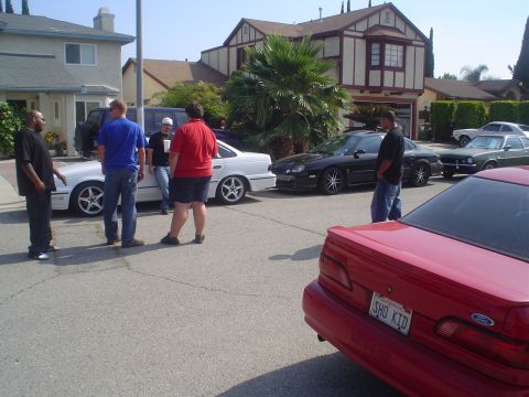 1993 Ford Taurus - Several cars, including a 1993 Ford Taurus SHO, are parked on a residential street with people gathered.