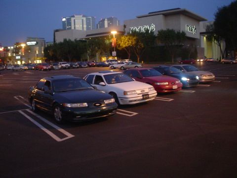 1993 Ford Taurus - A line of Ford Taurus sedans are parked in a lot as evening approaches, with a large retail store visible behind them.