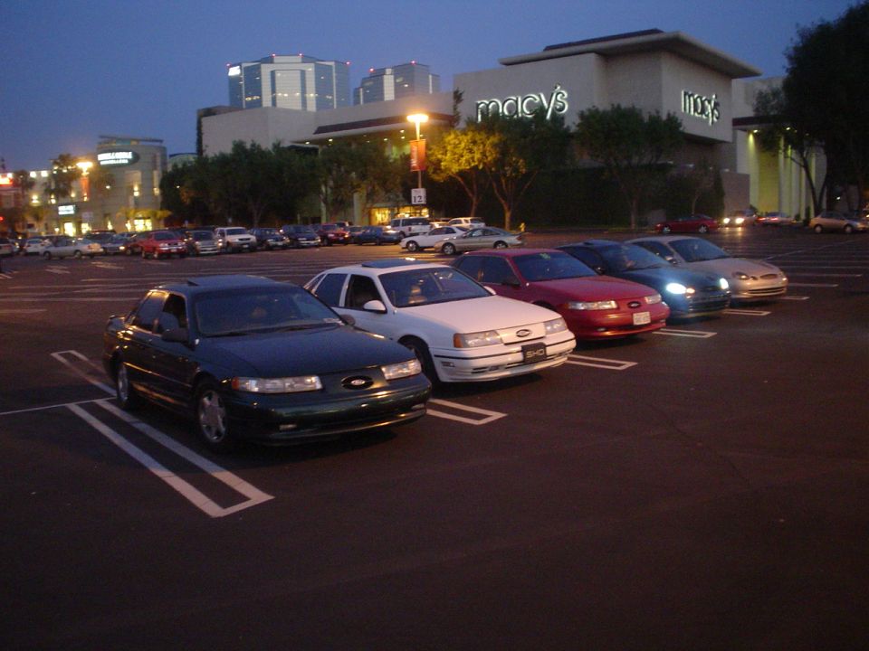 Several Ford Taurus sedans parked in a lot at dusk, with a Macy's store in the background