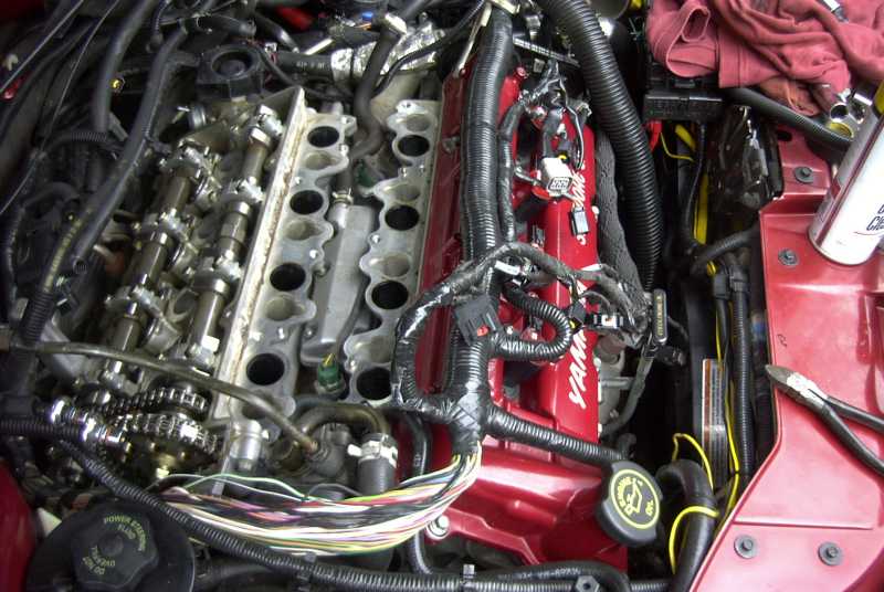 Engine bay with valve covers removed, showing camshafts and timing chains. Red painted intake manifold visible
