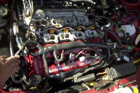 1997 Ford Taurus - Close-up view of a V-engine with prominent red valve covers.