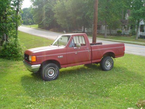1981 Ford Bronco - This red Ford F-150 pickup truck is parked on a grassy lawn.