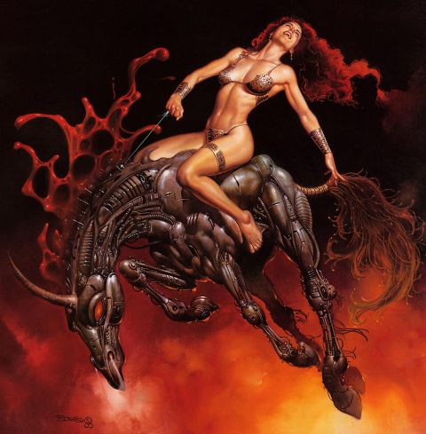 1979 Ford Bronco - Fantasy artwork depicts a woman on a complex mechanical steed against a fiery backdrop.