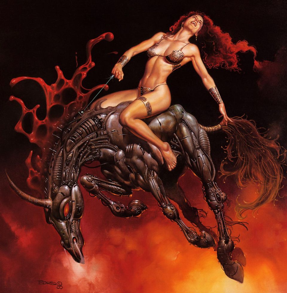 Fantasy painting of a woman on a biomechanical creature surrounded by flames