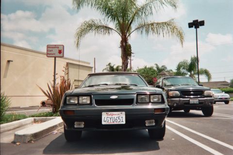 1985 Ford Mustang - Head-on front view of a black Fox-body Ford Mustang GT convertible with the top up, parked in a shopping-center lot beside a palm tree and…