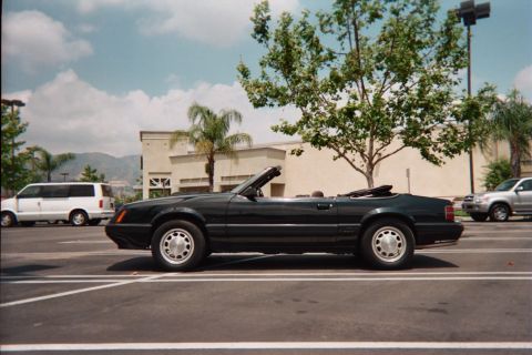 1985 Ford Mustang - Full side profile of a black Fox-body Mustang convertible with the top down, parked across empty spaces in a sunny strip-mall lot on silver…