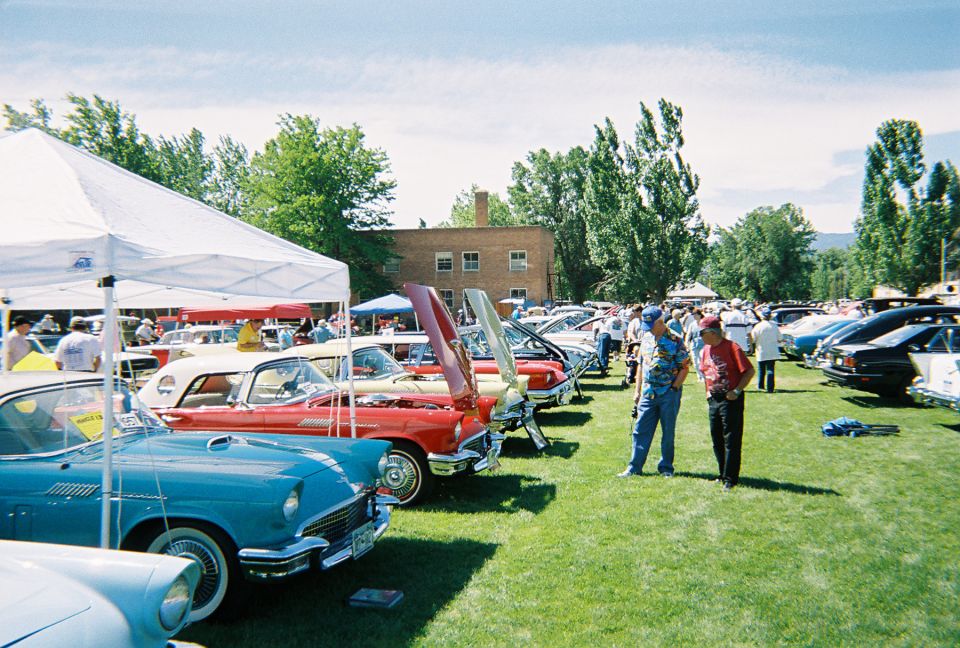 Rows of classic cars on grass at outdoor car show with white tent and people