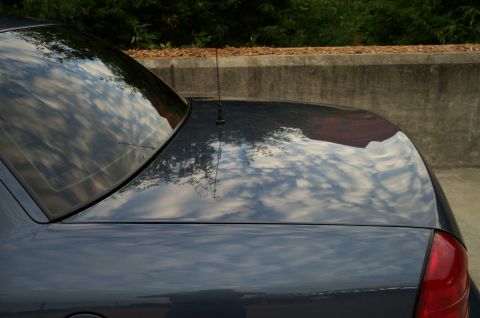 1998 Ford Crown Victoria - The rear of a dark blue sedan, showing a highly reflective trunk and rear window with a visible antenna.