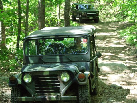 1996 Ford Bronco - Two vehicles navigate a dirt path through a dense forest on a sunny day.