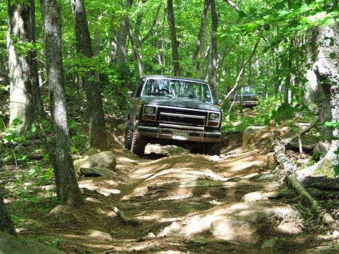 1996 Ford Bronco - Two SUVs navigate a challenging, wooded off-road trail with rocky terrain and dense foliage.